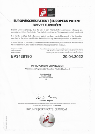 Patent Improved NFC Chip Reader EP3439190 - 20042022.pdf